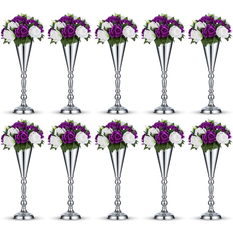 NUPTIO 10 Pcs Tabletop Silver Metal Wedding Flower Trumpet Vase, 16.5 inch Table Decorative Centerpiece Artificial Flower Arrangements for Anniversary Ceremony Party Birthday Event Home Decoration (Silver) - Image 1